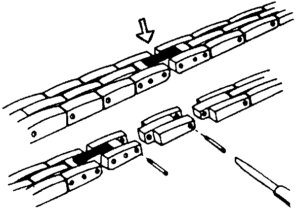 Kolík článku řemínku zatlačovaný zpět v opačném směru a zarovnaný s povrchem v řemínku